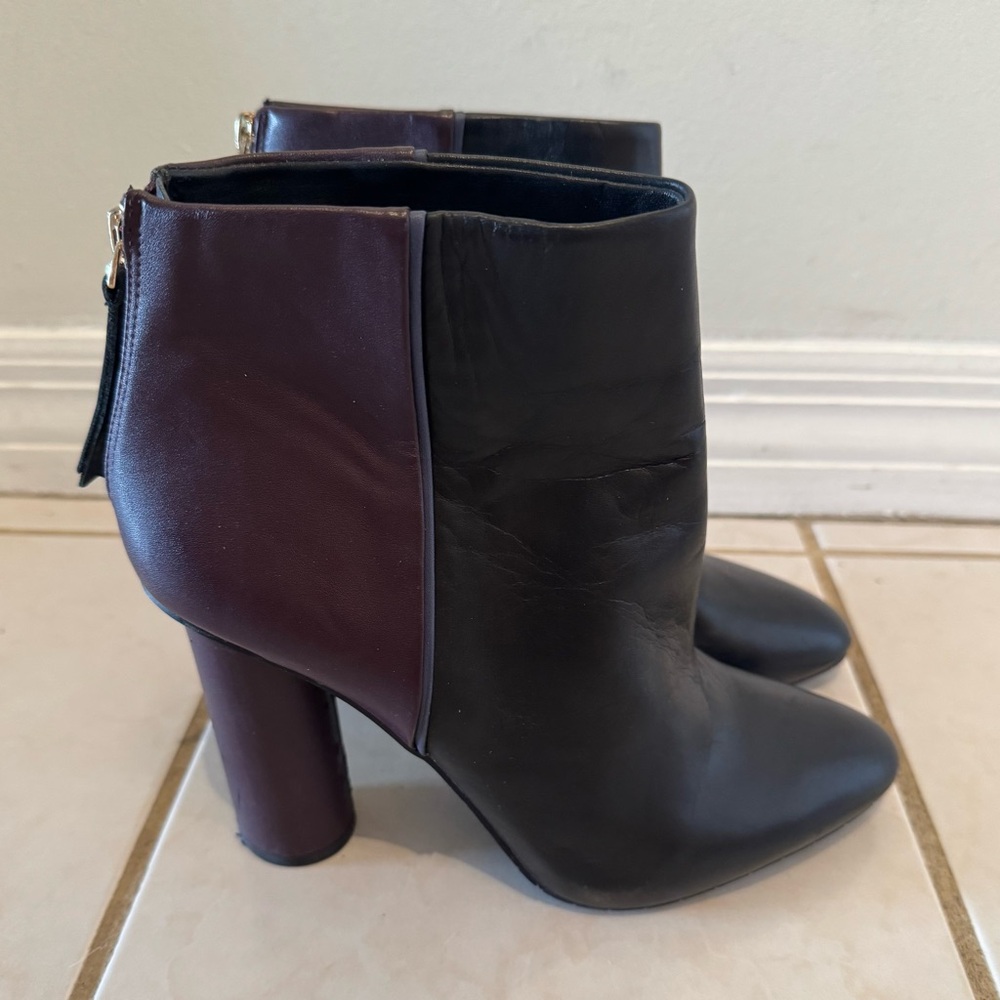 Cabi 8.5 BISSET Booties Two Tone Chunky Heels Plum Black Leather Boots